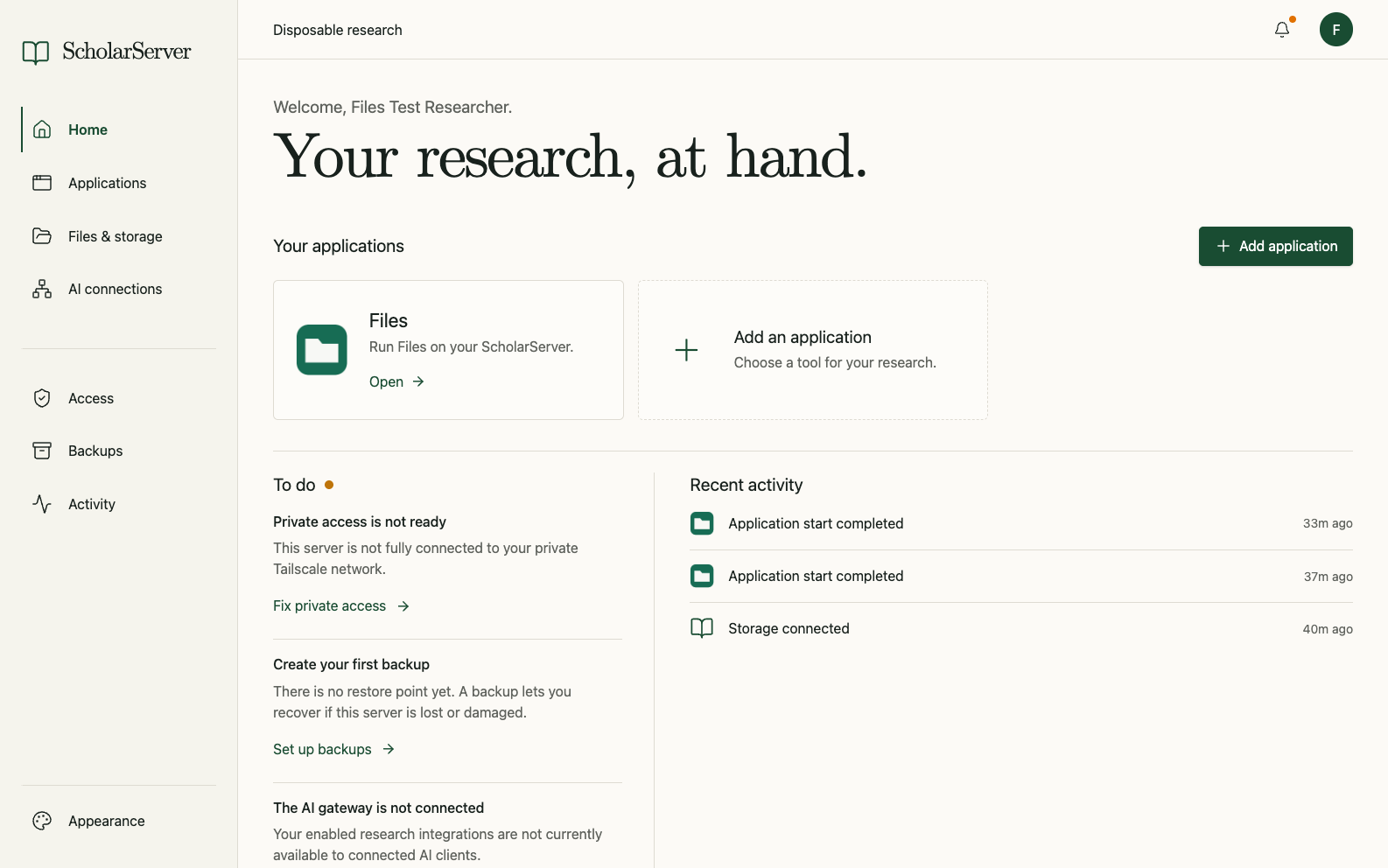 ScholarServer development dashboard with sample applications, tasks and activity.
